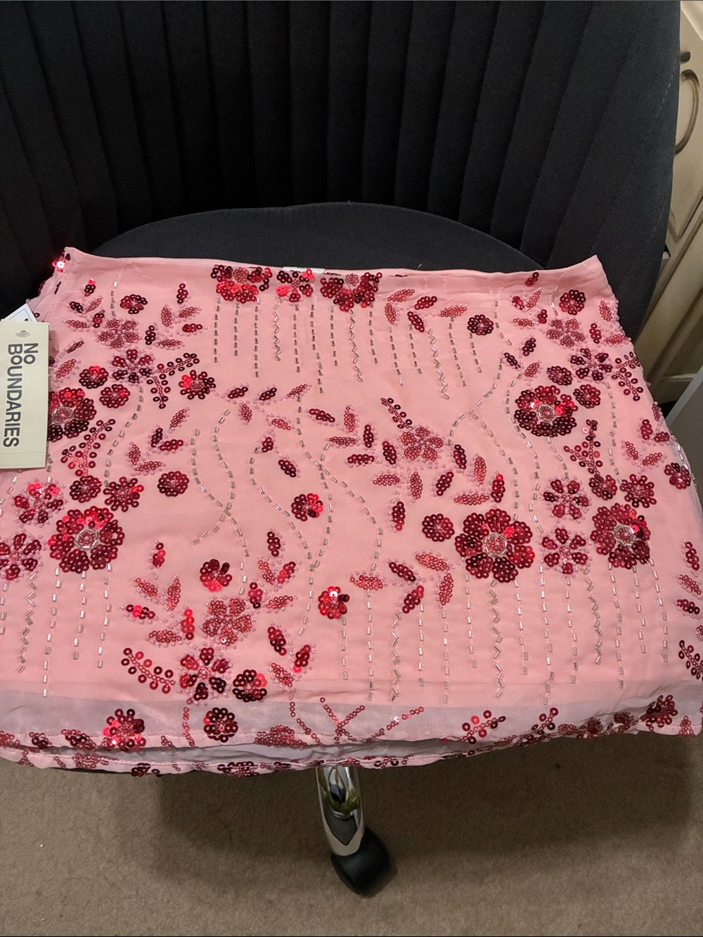 No Boundaries Pink Mini Skirt with Red Sequin Floral Embellishment